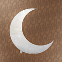 White crescent moon symbol on a brown patterned background