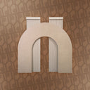 Decorative arch with ribbed texture on a patterned brown background