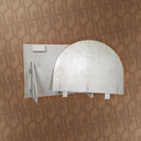 Wooden shelf with curved design on a patterned wall