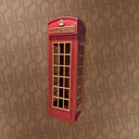 Red telephone booth with gold accents on a patterned brown background
